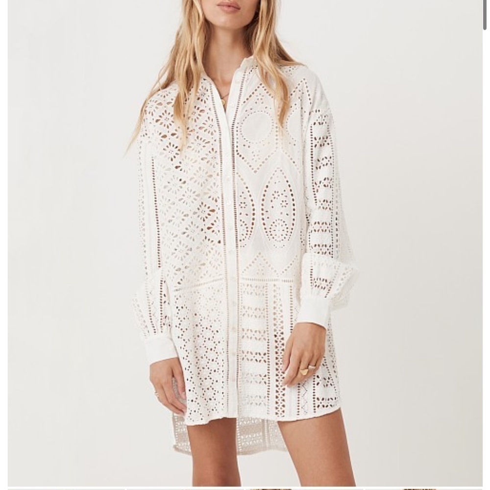 Spell Lottie Oversized Eyelet Long Sleeve Tunic Length Blouse Mini Dress XXS